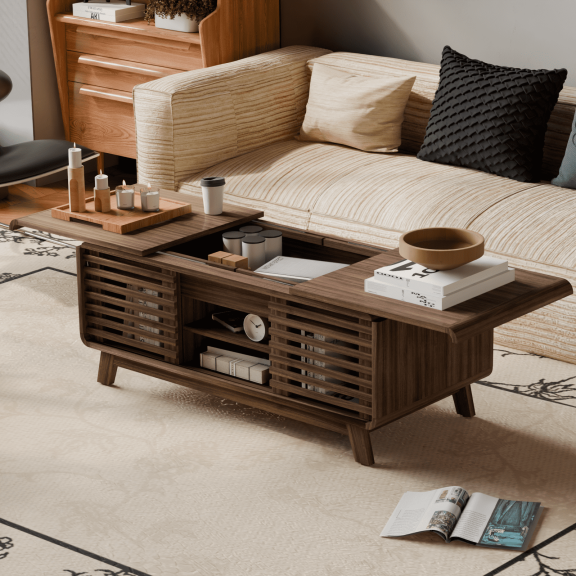 Opohoro Mid-Century Style Brown Coffee Table with Movable Desktop, Hidden Storage and Shelve, Modern MDF Center Table for Living Room, 71"L×23"D×19.3"H