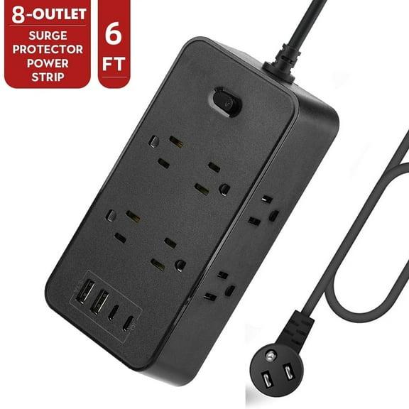 Power Strip,6 FT Surge Protected Power Strip,Multi Plug Outlet Extender,8 Outlets and 2 USB-C & 2 USB-A Ports(5V 3.1A),Wall Mount Desk USB Charging Station for Home Office,Angled Flat Plug(Black)