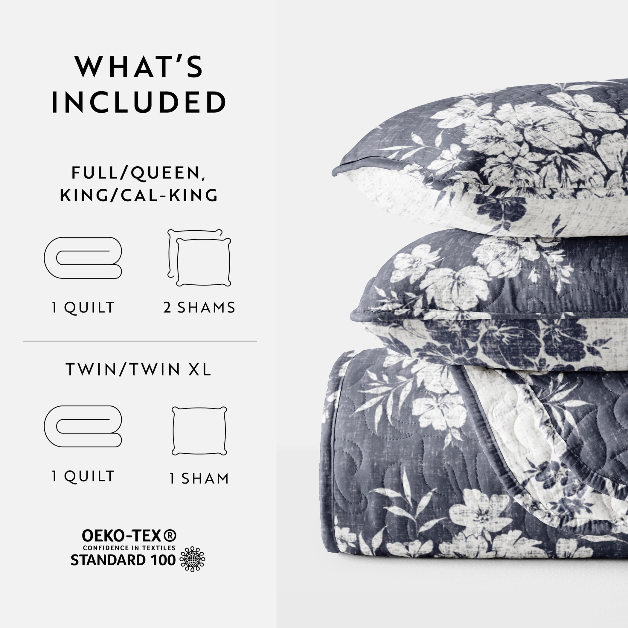 Noble Linens 3-Piece Navy Distressed Bouquet Reversible Quilt Set, King