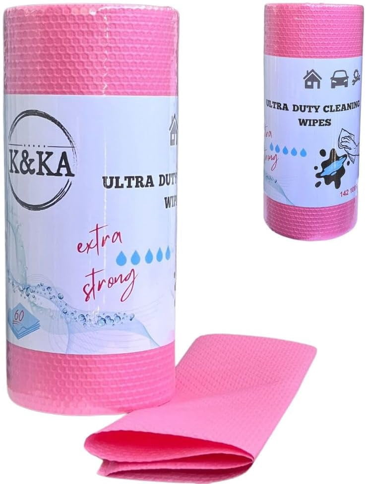 Cleaning Wipes, Red, 60 Sheets, 6 Roll/Case. Heavy Duty Washable Cleaning Wipes for Kitchens, Offices, and Workshops.