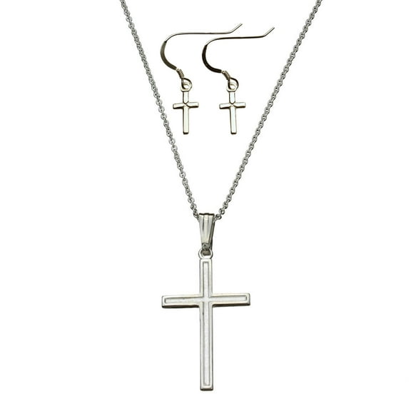Sterling Silver Cross Pendant, Earrings, Cable Chain Necklace, 16"