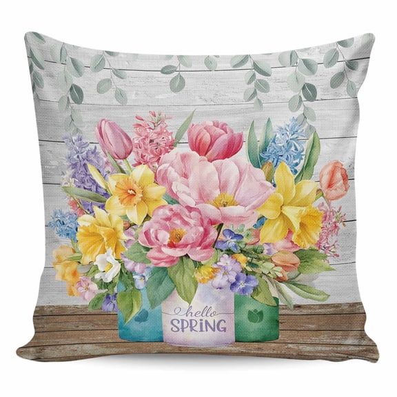 Throw Pillow Covers 16x16 Inch, Watercolor Floral Decorative Pillow Cases for Couch Sofa Bed, Spring Botanical Flowers Leaves Wood Grain Cotton Linen Square Home Decor Pillowcases with Hidden Zipper