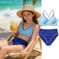 thumbnail image 2 of Huowey Girls Bikini Swimsuits 2 Piece Bikini Sets Cross Strap Ruched Floral Print Hollow Out Tops Solid Color High Waist Bottomd Sport Soft Swimwear Trendy Bathing Suit,Sky Blue,11-12 Years, 2 of 6