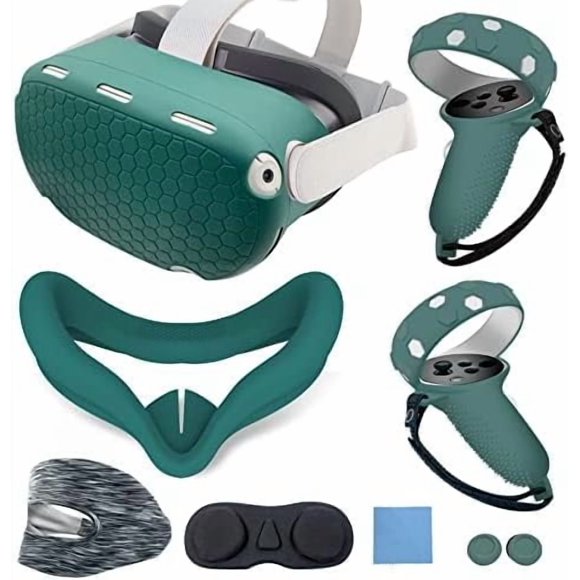 JYMEGOVR for Oculus Quest 2 Silicone Cover, Protective Cover Accessories for Meta VR, Multi Colors Soft Shell Skin, Controller Grips & Face Cover Set (Green)