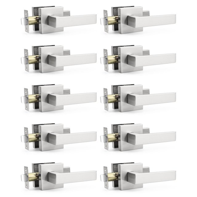 Probrico - Juego de 10 manijas cuadradas para cerradura de puerta, sin llave, pomos de puerta, pomos de paso, cerradura interior, pasillo, armario en níquel satinado