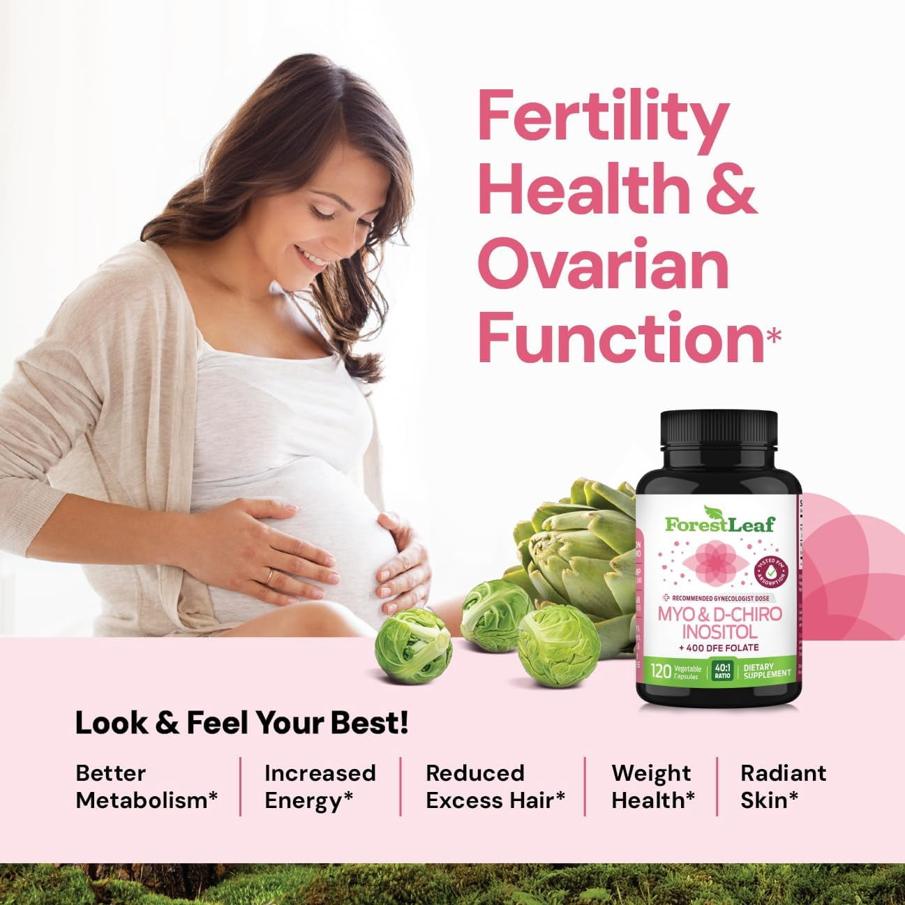Forest Leaf Myo-Inositol & D-Chiro Inositol Supplement for Women Fertility Support 2000mg, 120 Vegetable Capsules