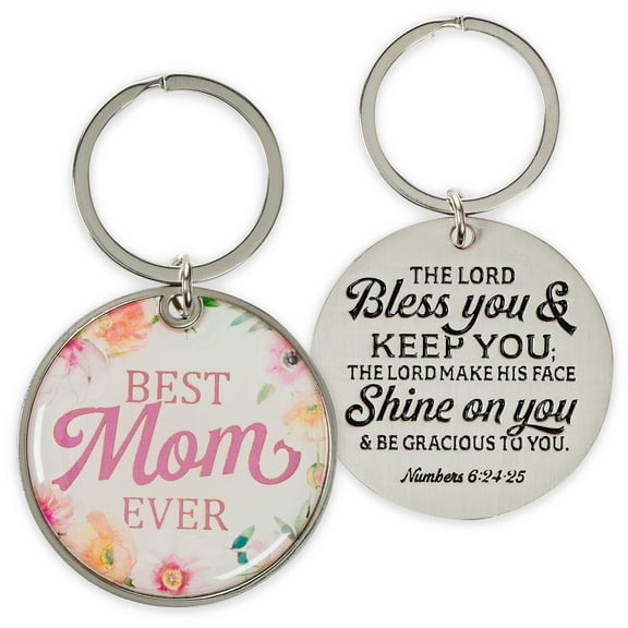 Christian Art Gifts Split Silver Metal Keyring Accessory for Mothers: Best Mom Ever, Lord Bless You Inspirational Scripture, Stamped Design, Encouraging Bible Verse Gift for Women, Cute Pink Florals