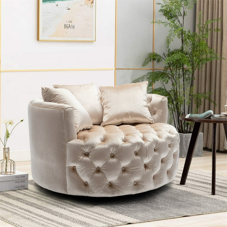 Swivel Accent Barrel Chair Tufted Upholstered Sofa Lounge Club Round Chair with Curved Back and Padded Seat Single Sofa Chair with 3 Pillows for