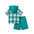 thumbnail image 4 of Fdqin Boys Shorts Sets 2Pcs Plaid Short Sleeve Hooded Button Shirt and Jogger Shorts Summer Outfits for Kids Green 5-6 Years, 4 of 7