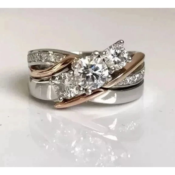 2Ct Round Cut Simulated Diamond Women Wedding Men's Band Ring 14K Two Tone Gold Plated 925 Silver