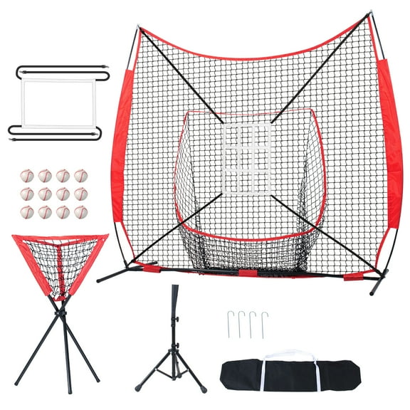 KFFKFF 7x7 ft Net for Baseball Softball Drills, Movable Training Mesh for Batting Catching Throwing, Backstop Gear with Arc Structure, Transport Sack, Target Area, 12 Spheres, Stand