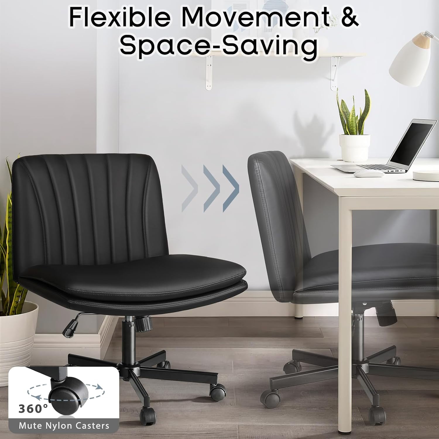 Waleaf Criss Cross Chair with Wheels,PU Leather Padded Armless Cross Legged Office Desk Chair for Home Office