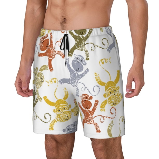 Balery Cartoon Monkey Bañador para hombre, shorts de playa de secado rápido con entrepierna y forro de compresión-Small
