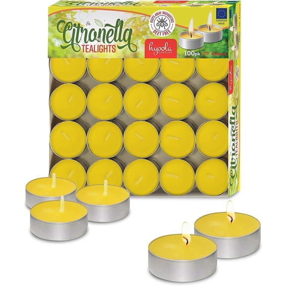 Hyoola Yellow Citronella Scented Tealight Candles, 4 Hour Long Burning DEET Free Outdoor Wax Tea Lights for Patio, Backyard, Camping, Parties, and Summer Use, 100 Pack