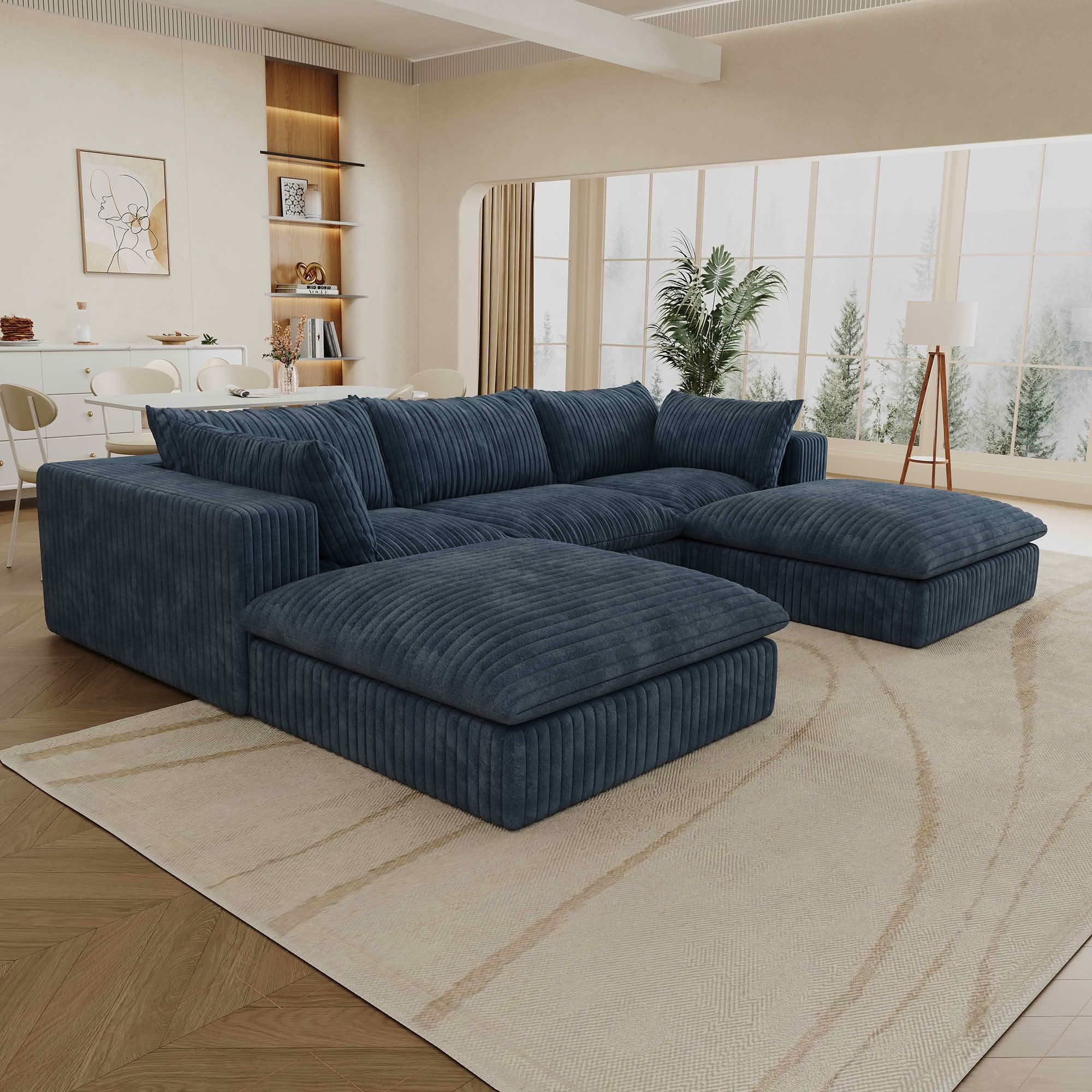 MAYEERTY 118.2" Cloud Corduroy Sofa, Deep Seat Double-Layer Design, Removable Cushion No Assembly, DIY Combination, Blue