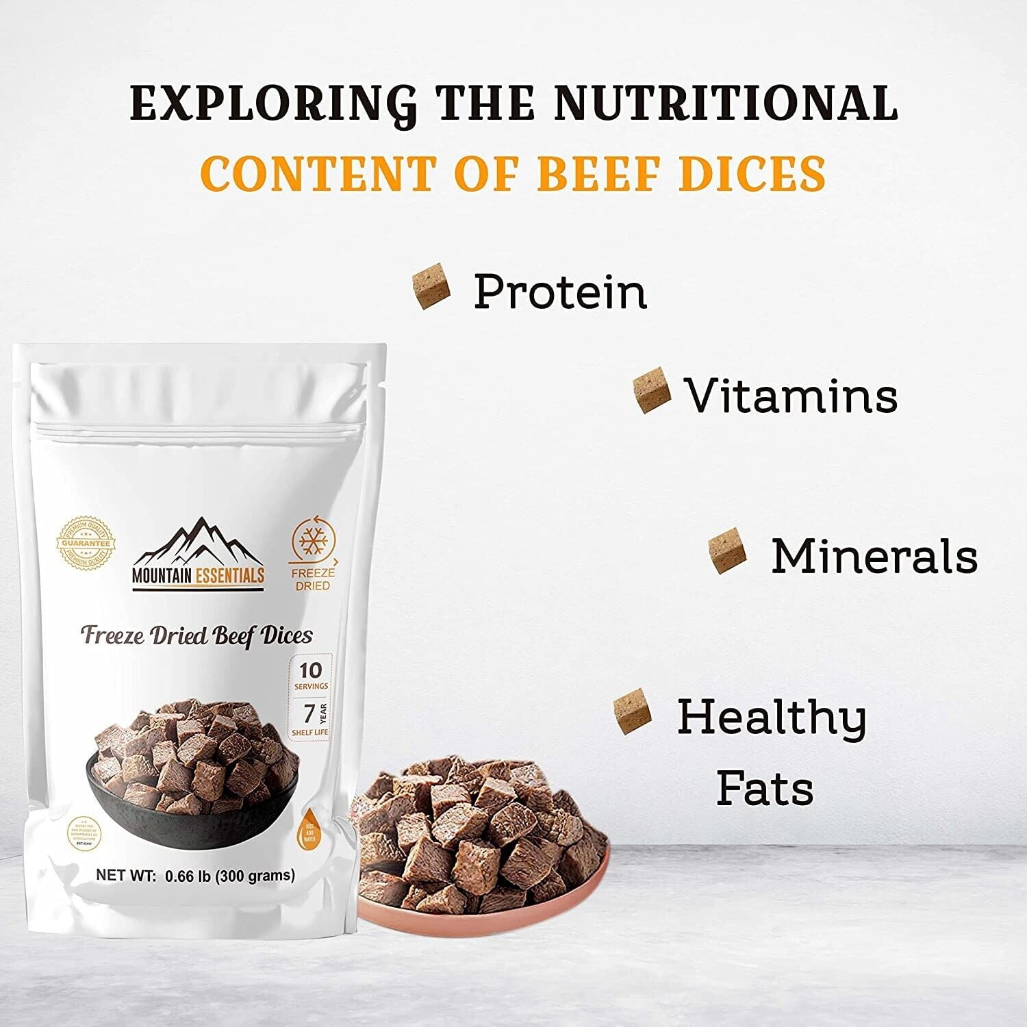 (Pack of 3) Mountain Essentials Freeze Dried Beef Dices Protein Packed Meal (300g Pouches)| Emergency Long Term Supply | Hiking, Backpacking & Camping | Easy Prep Survival Food ✅