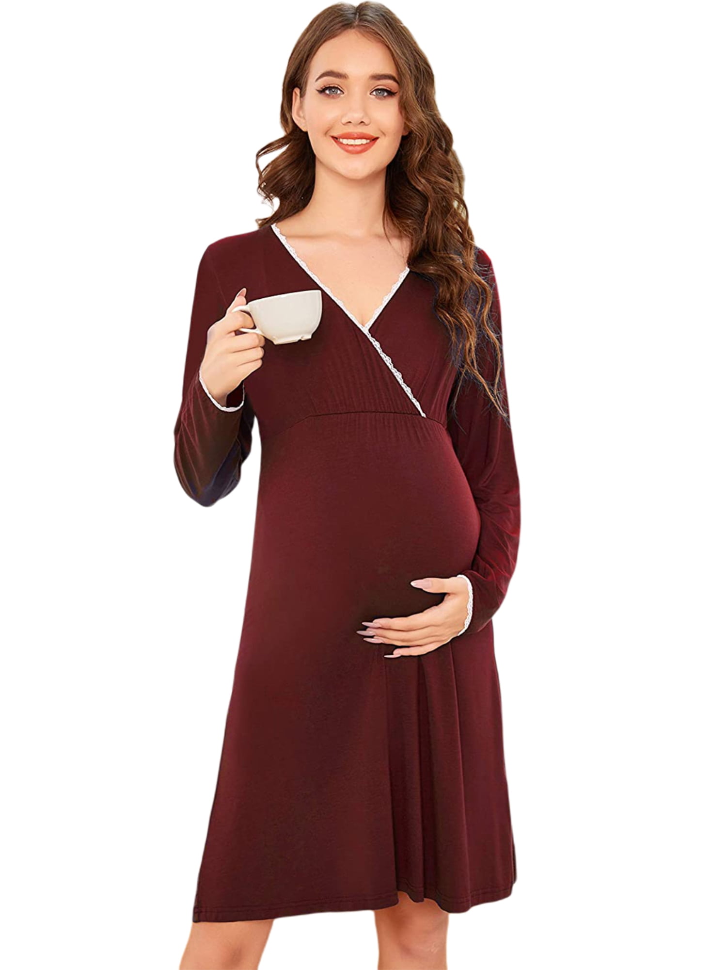 Womens Maternity Dress Loungewear Nursing Gown,Long Sleeve V Neck