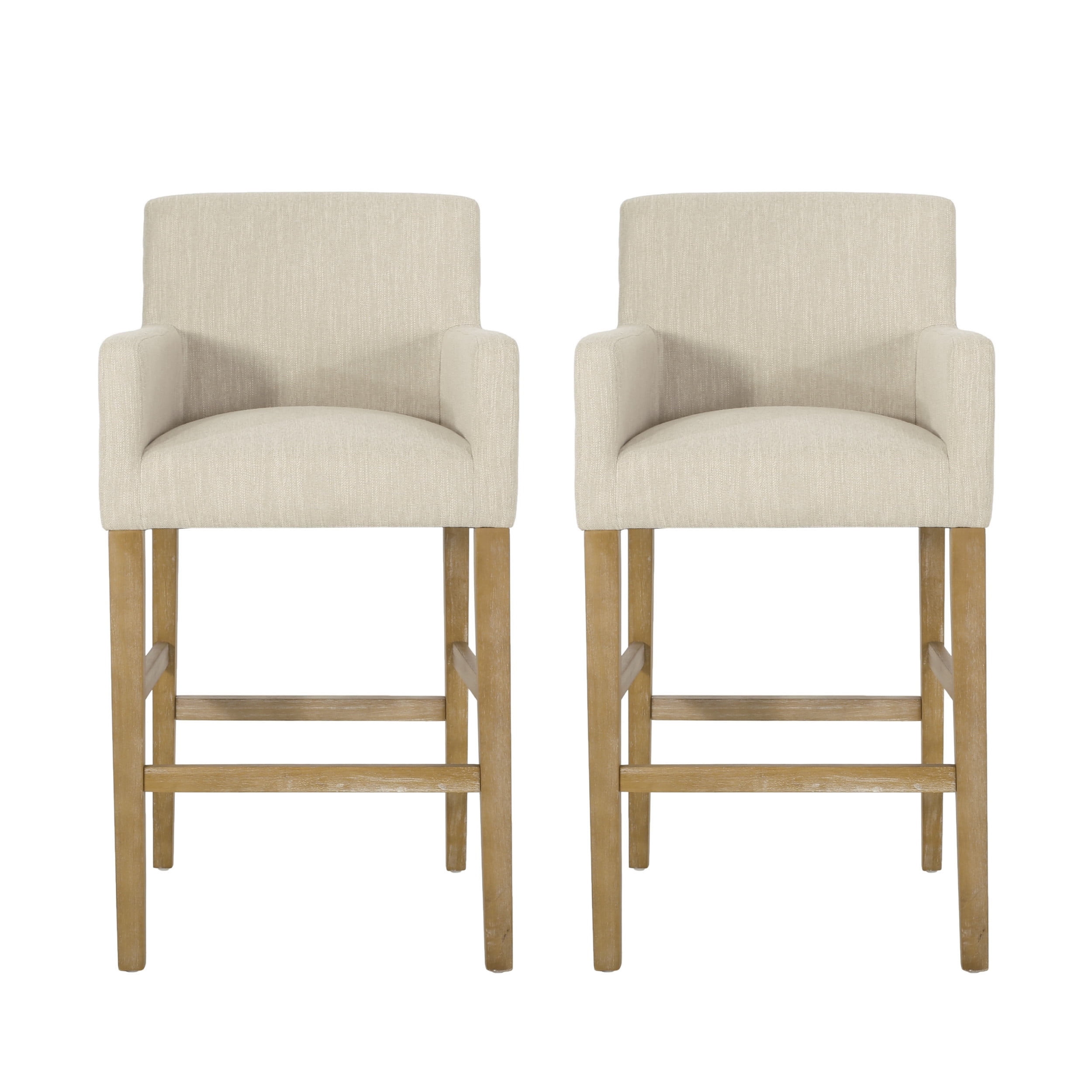 Noble House Deville Indoor Fabric Upholstered Wood 30.5 inch Barstools with Full Back, Set of 2, Beige