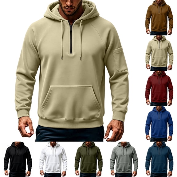 BVOFAR Mens Hooded Sweatshirt Winter Fleece Full Zip Jackets Quarter Zip Pullover Long Sleeve Outerwear with Multi Pockets Black M