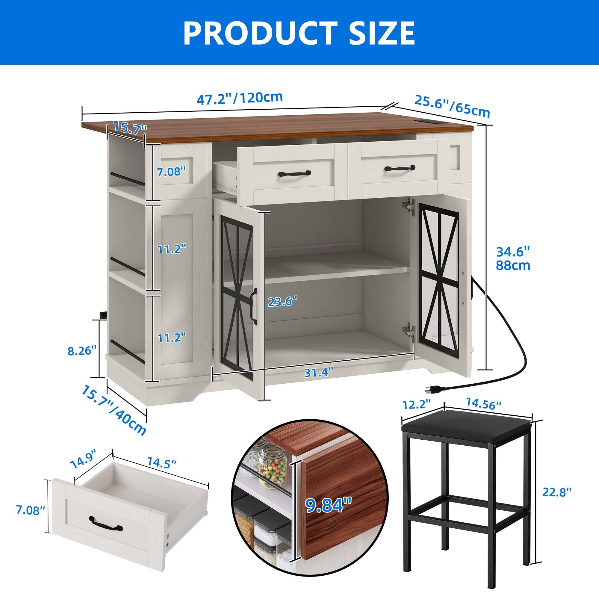 DEXTRUS Kitchen Island with Seating & Drop Leaf, Kitchen Island on Wheels with Doors & Drawers, Off-White