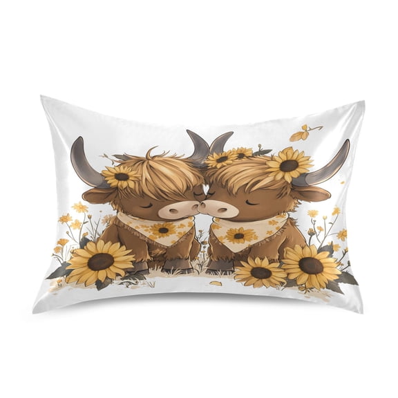 Haosy Satin Pillowcase for Hair and Skin Standard Cooling Silk Pillow Case with Envelope Closure Two Highland Cow and Sunflower 20"x26"