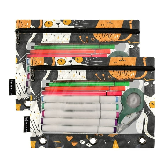 Ckdifva Halloween Cats Pencil Pouch 3 Ring Zipper Pencil Case Binder Pockets Clear Top Cosmetic Bag 2 Pack