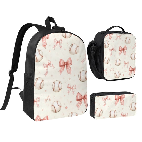 Baseball Bow Backpack Set 3pc Including Backpack, Lunch Bag and Pen Bag Combination