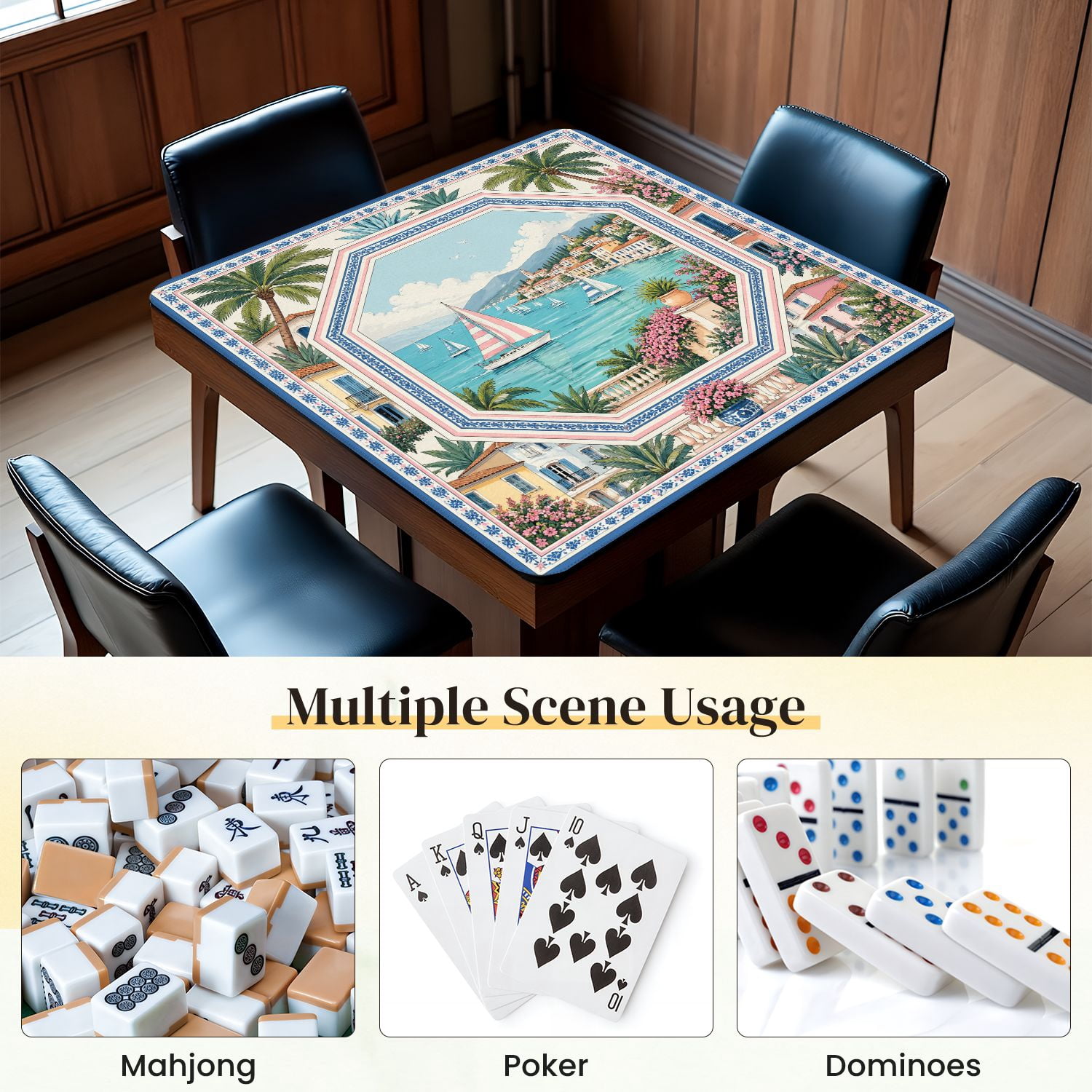 Mahjong Mat 31.5" x 31.5" Mediterranean Coastal Village Sailboats Palm Trees Colorful Villas Non-Slip Noise Reduction Mahjong Tiles Table Cover for Dominoes Poker Card Board and Tile Games