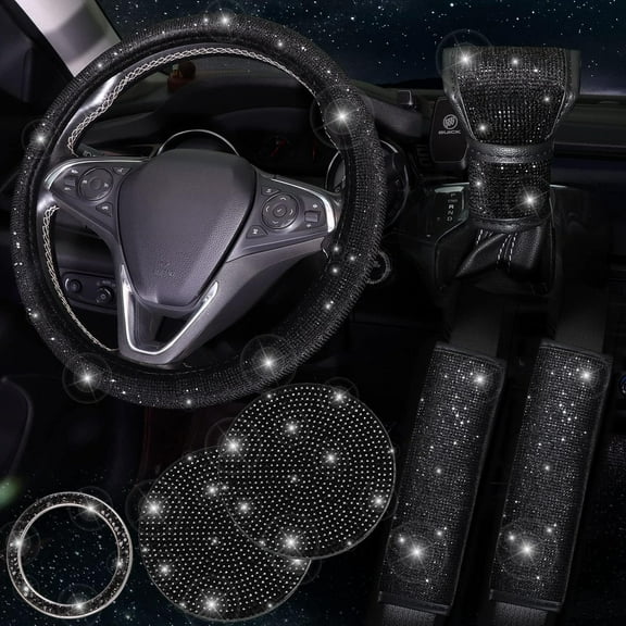 7-Pack Black Bling Car Accessories - Crystal Diamond Set, 15-Inch Seat Belt Covers, Gear Shift Cover, Push Start Button Ring, Car Coaster