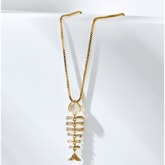 Gold plated fish bone necklace, exquisite gold plated cubic zirconia necklace, unisex, sterling silver jewelry, suitable for gift giving