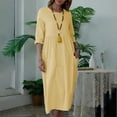thumbnail image 2 of HAPIMO Women's Tea Length Cotton Linen Dress Solid Holiday Autumn Dresses Boat Neck Elegant Casual Comfy Vintage Boho 3/4 Sleeves Yellow XXL, 2 of 8