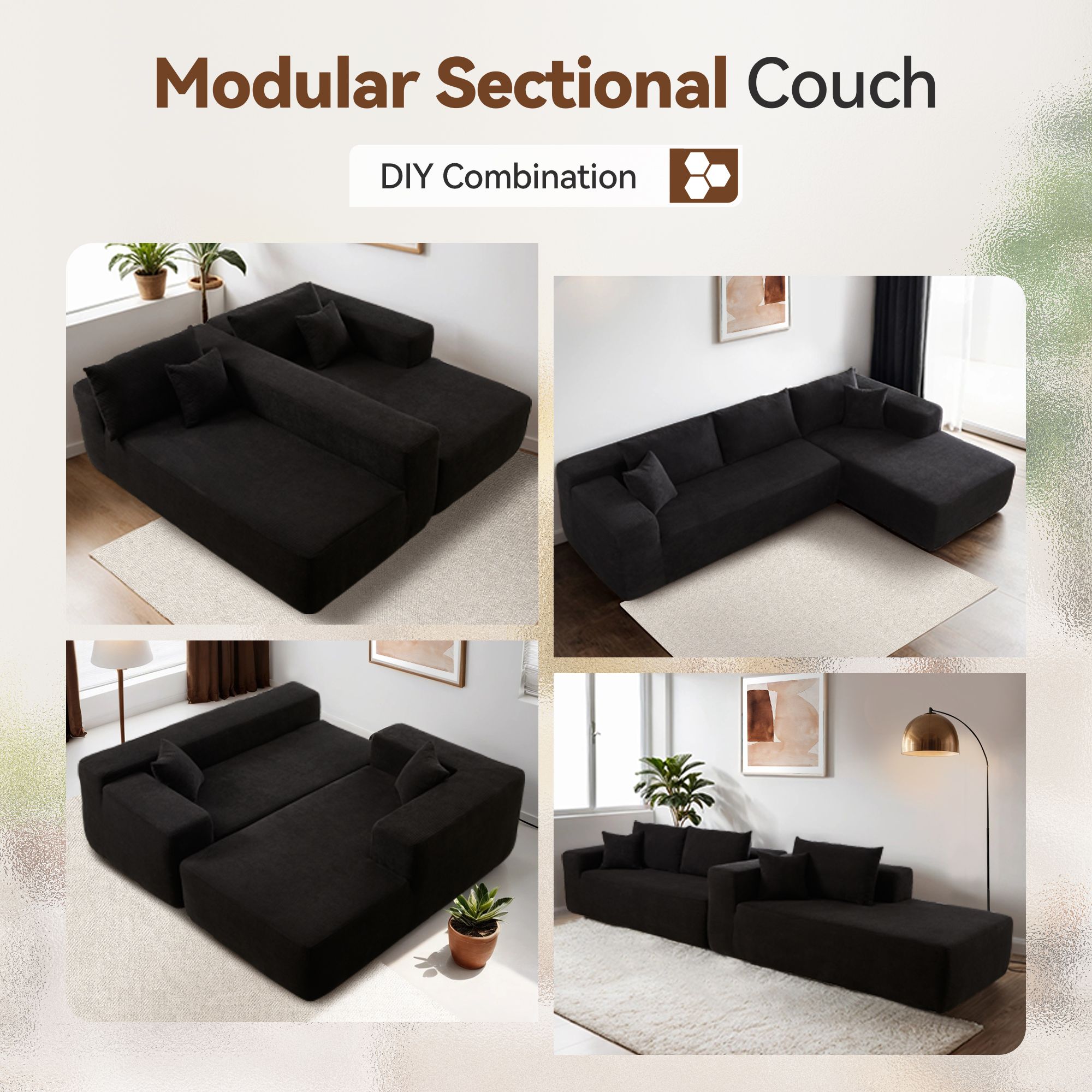 Ovios 106" Cloud Sofa Couch No Assembly Boneless Deep Seat Sofa for Living Room, Black (Corduroy)