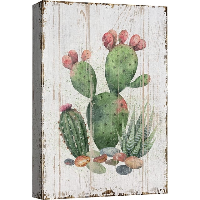 Art Mural sur Toile Cactus Vert avec Fleurs Rouges Peinture Abstraite Oeuvre d'Art pour la Maison Impressions - 12x18 Pouces