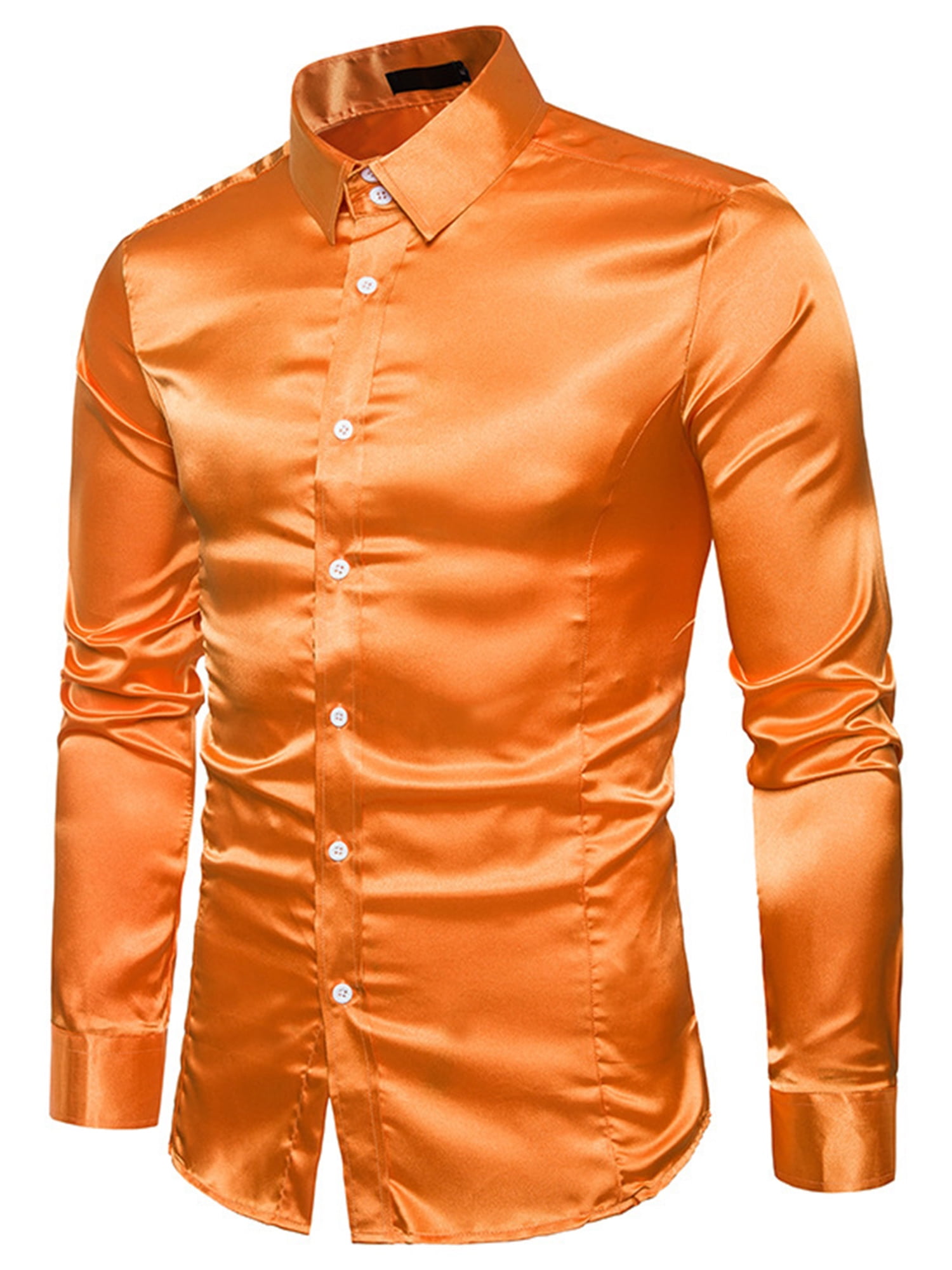 CenturyX Men's Luxury Silk Like Satin Shirt Long Sleeve Disco Party Dress  Shirts Casual Slim Fit Button Up Business Shirts Orange S