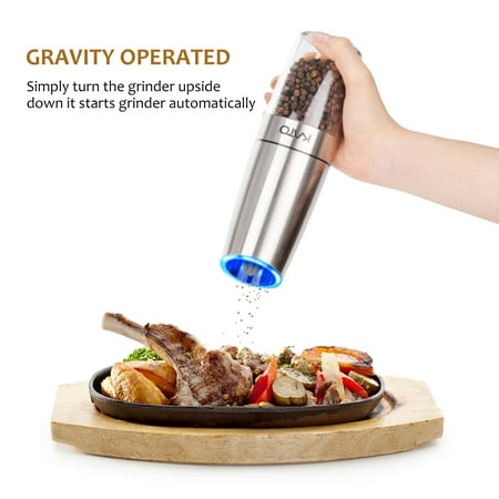 Kato Gravity Electric Salt and Pepper Grinders Set - Battery Operated, Stainless Steel & Acrylic Body Automatic Pepper Mills with Blue LED Light and Free Garlic Peeler,