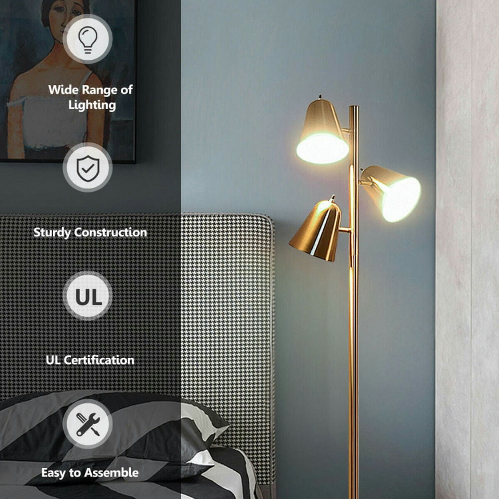 Topcobe 64" 3-Light LED Floor Lamp Reading Light for Living Room Bedroom, Standing Lamps for Bedroom Office Kid Room-Golden