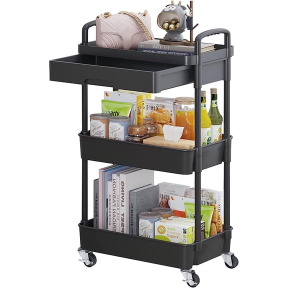 3-Tier Rolling Utility Cart with Drawer,Multifunctional Storage Organizer with Plastic Shelf & Metal Wheels,Storage Cart for Kitchen,Bathroom,Living Room,Office,Black