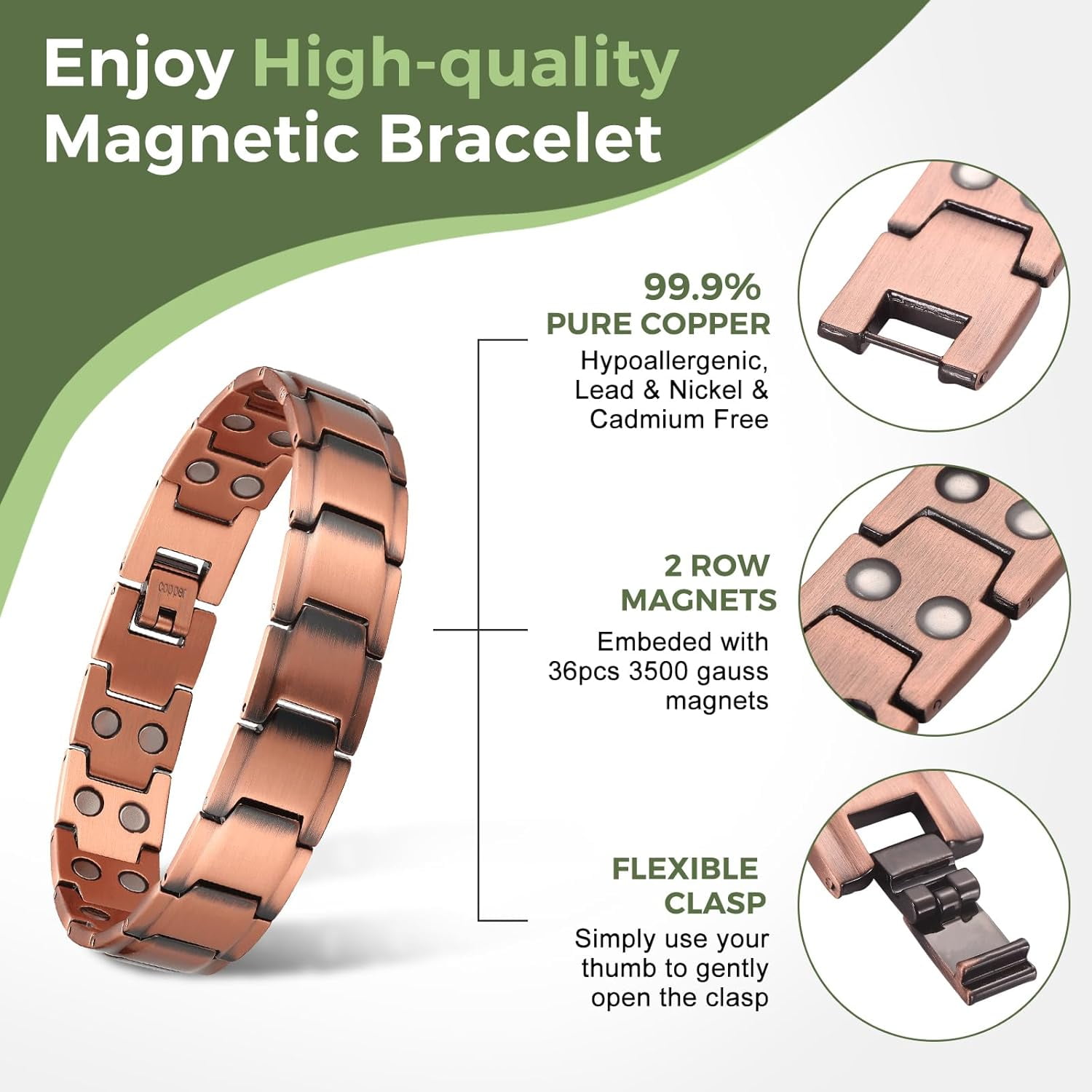 Wollet Copper Magnetic Bracelet for Men, 99.9% Pure Copper Jewelry with Magnets, Set of 2