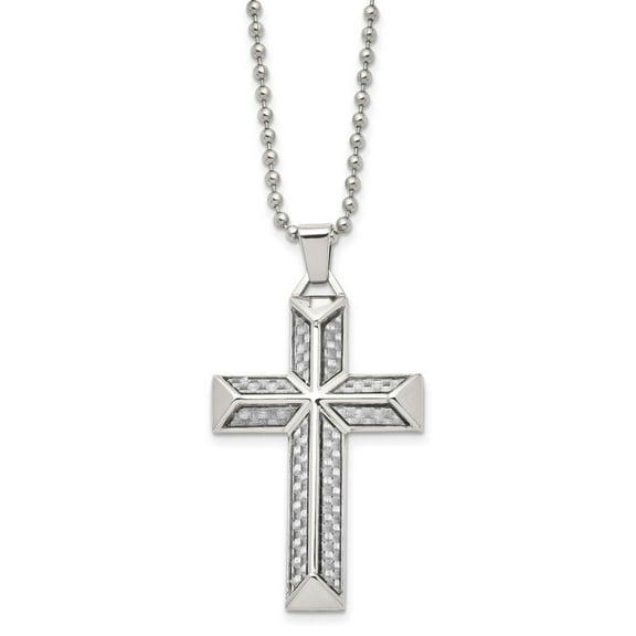 Auriga Fine Jewelry Stainless Steel Polished with Grey Carbon Fiber Inlay Cross Pendant with Ball Chain Necklace for Men 24"