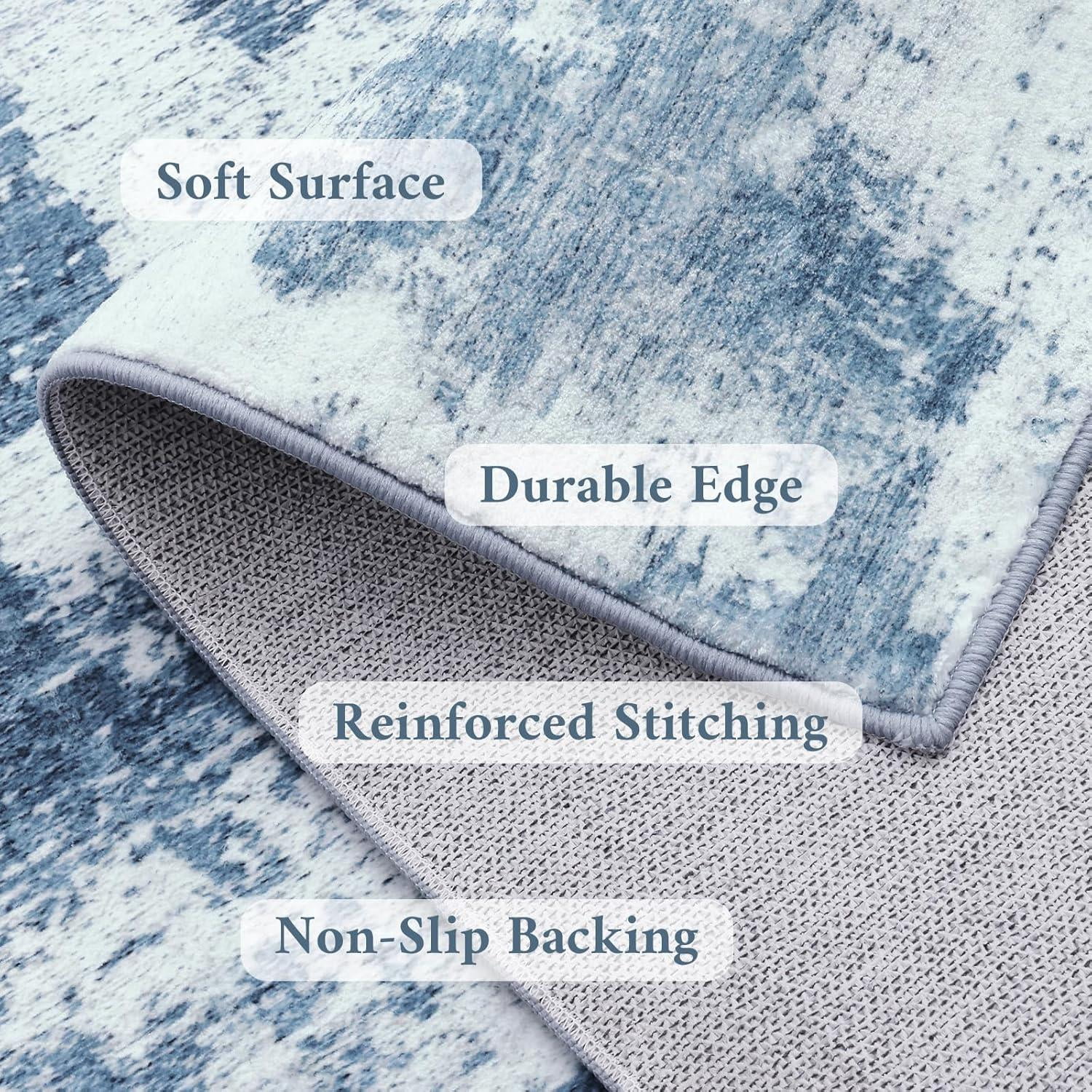 Buganda Area Rug for Living Room 5'X7', Washable Artificial Wool Area Rug, Low Pile Non-Slip Carpet for Bedroom Office Dining Room, Blue