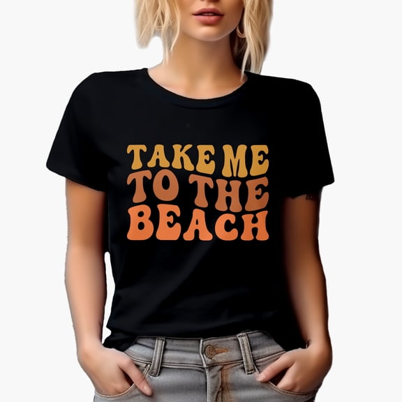 Take Me to the Beach, Ocean or Sea Lover Themed, Groovy Retro Wavy Text Merch Gift, Black T-Shirt, Small