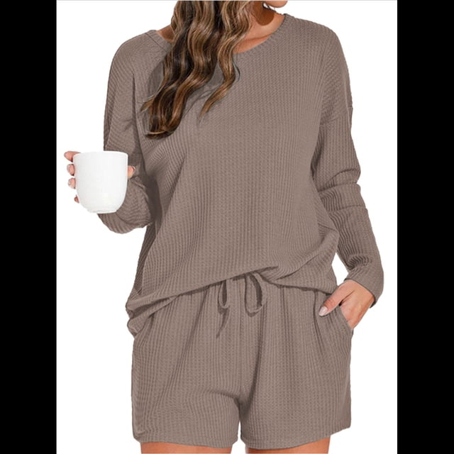 Conjunto de Pijama para Mujer, de Punto Gofre, Informal, de Dos Piezas, con Bolsillos Café Ligero S