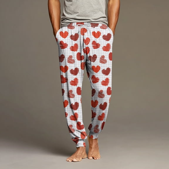 Mens Pajama Pants, Red White Heart Men's Lounge Pants with Pockets, Comfy Pj Bottoms for Men XL Polyester