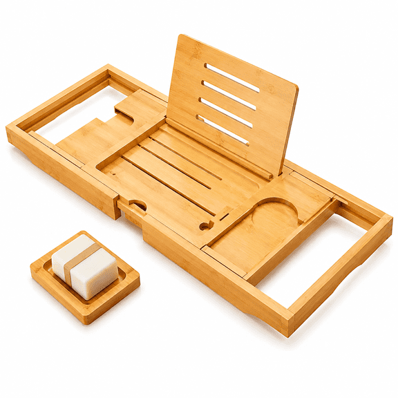 Premium Bamboo Bathtub Tray Caddy, Adjustable Foldable Bath Tray for Tub, Expandable Bathroom Shelf Organizer with Book, Tablet & Wine Holder