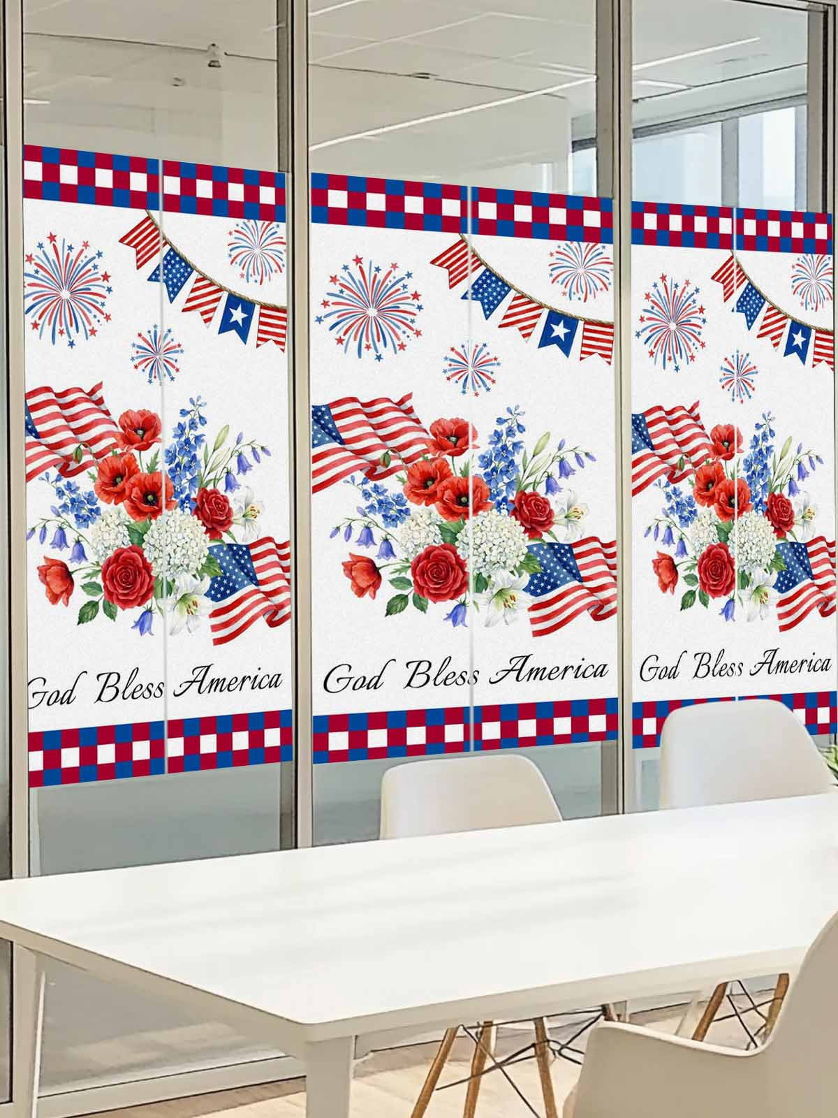 Independence Day Window Privacy Film, Red Blue USA Flag Floral Fireworks Frosted Glass Window Clings Static Cling UV Heat Blocking Reusable Door Sticker for Bathroom 23.6 x 78.7 Inch