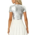 thumbnail image 3 of INSPIRE CHIC Crop Tops Metálicos para Mujeres con Manga Corta y Abertura para Fiesta de Halloween Top Holográfico Brillante M Plateado, 3 of 5