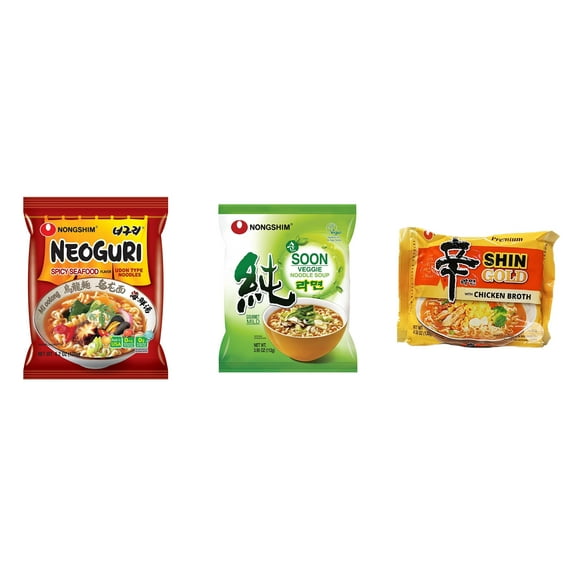 3 Pack Korean NongShim Gourmet Spicy Shin Instant Ramen Noodle, 3 Flavors(Neoguri,Soon Veggie,shin gold) Plus NineChef Brand Long Handle Coffee Spoon