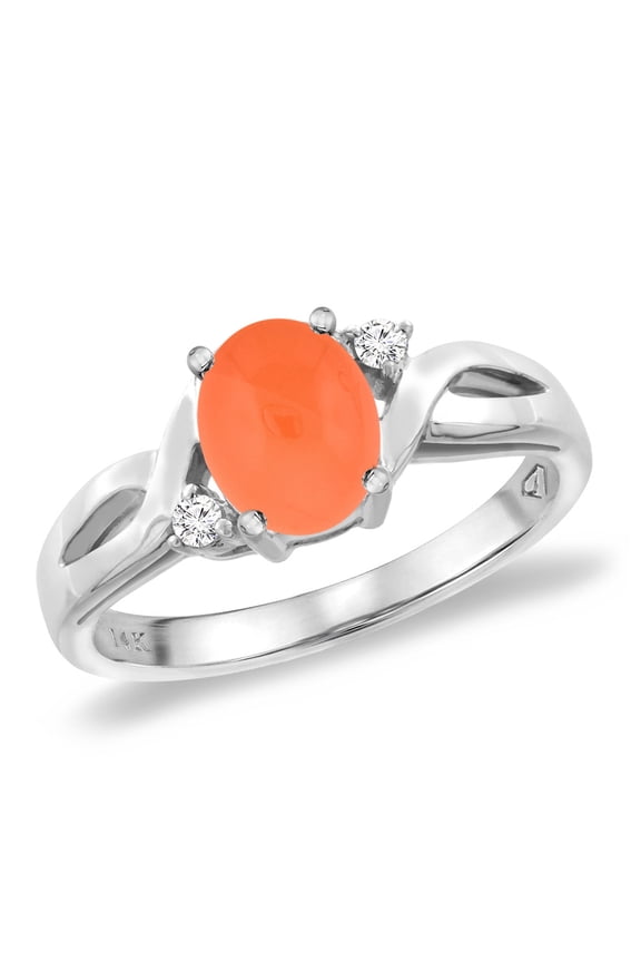 14K White Gold Diamond Natural Orange Moonstone Engagement Ring Oval 8x6 mm, size 8