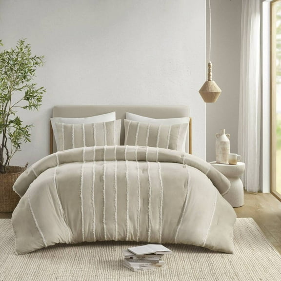Bedding Sets 3 Piece Striped Cotton Comforter Set Taupe Full/Queen,Bed Sets