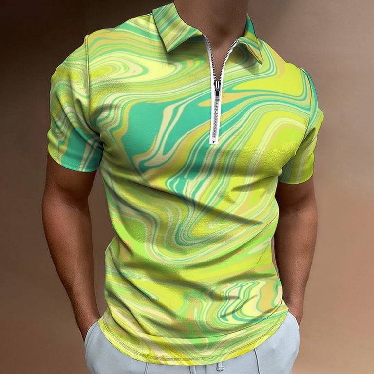 Lime Green Swirls Men Zipper T-shirt Summer Casual Short Sleeve T